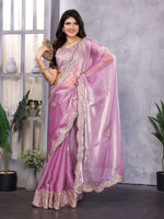 Thumbnail for Vastranavya Lavender Embroidery Work Shimmer Chiffon Saree with Unstitched Blouse