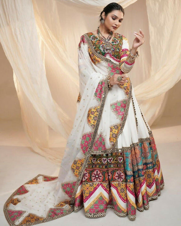 Preksha Creation Indian Festive Butter Soft Silk With Digital Print And Real Mirror Work Women Lehenga Choli - White - Distacart