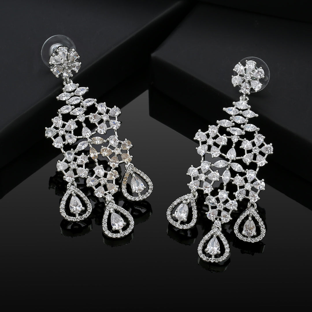 Estele Rhodium Plated CZ Snow Flakes Chandelier Long Dangler Earrings for Women - Distacart