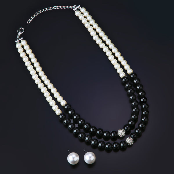 Estele Rhodium Plated Classic Double Line Pearl Necklace Set for Women - Distacart