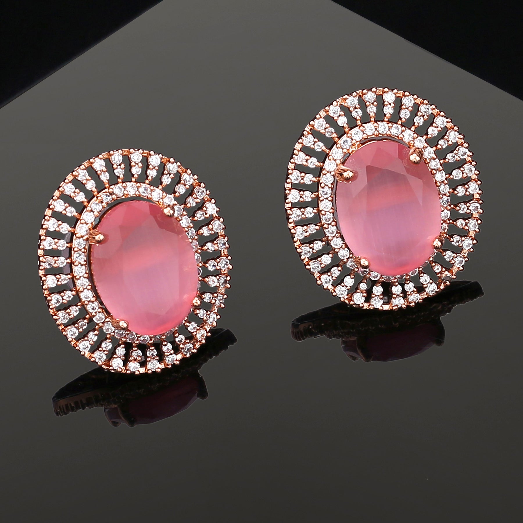 Estele Rose Gold-Polished CZ Circular Designer Stud Earrings with Mint Pink Stones for Women - Distacart