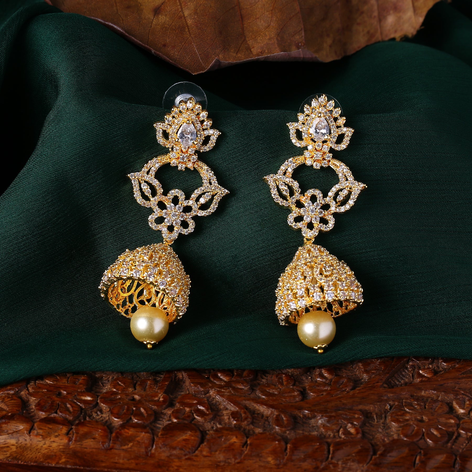 Estele Gold-Polished CZ Fascinating Jhumka Earrings with White American Diamonds for Women - Distacart