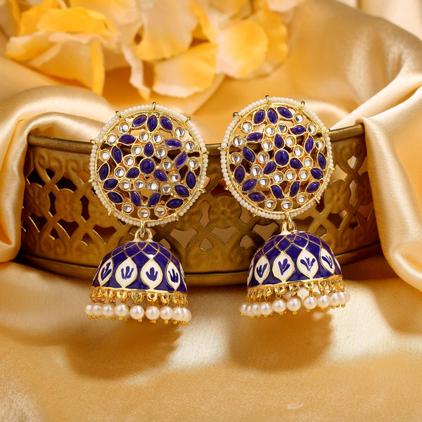Estele Gold-Polished Blue Meenakari Traditional Kundan Jhumki Earrings with Pearls for Women - Distacart