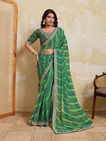 Teeya Creation New Trendy Leheriya Bandhani Georgette Saree For Daily Wear -Green - Dista