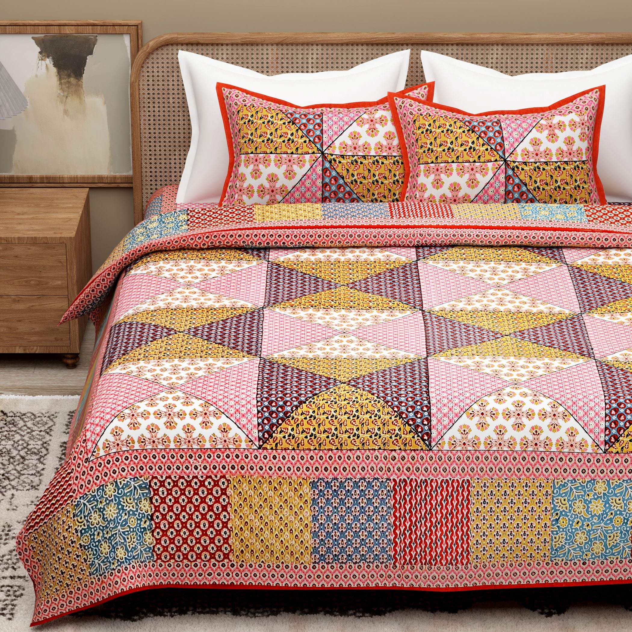 Red Ethnic Motifs Cotton 300TC King Bedsheet With 2 Zipper Pillow Covers - Super King Size by House of Ree - Distacart