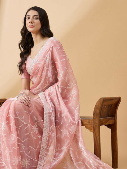 Peach Tissue Slub Embroidered Saree with Unstitched Blouse - Vairagi - Distacart