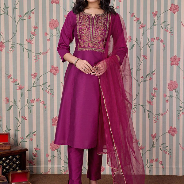 Ode by House of Pataudi Pink Ethnic Motifs Embroidered Zari Kurta With Trousers & Dupatta - Distacart