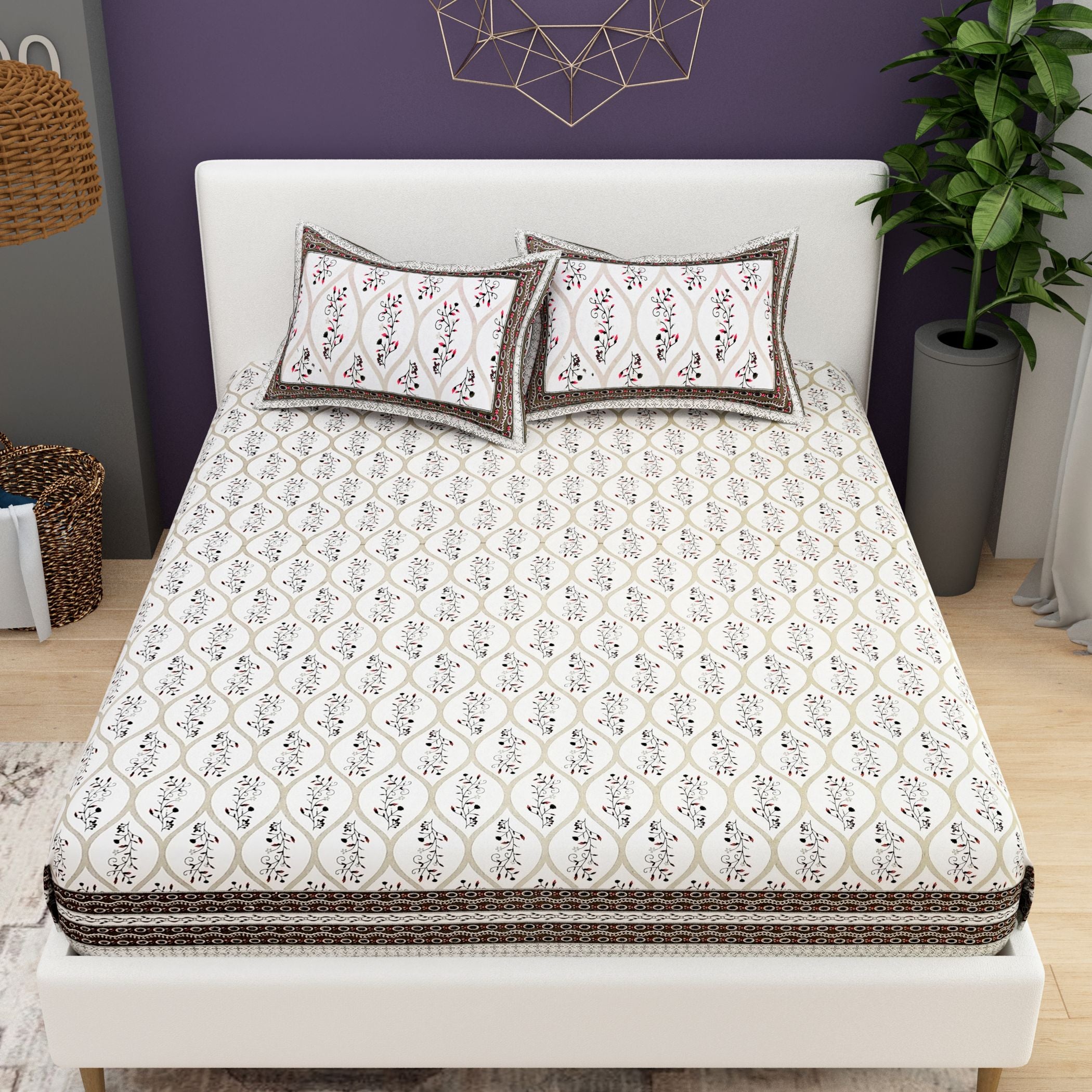 Purple White Ethnic Motifs Cotton 200TC King Bedsheet With 2 Zipper Pillow Covers - King Size by House of Ree - Distacart