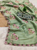 Thumbnail for Teeya Creation Pista Color Pure Paper Silk Heavy Embroidery Work Wedding Wear Saree - Distacart