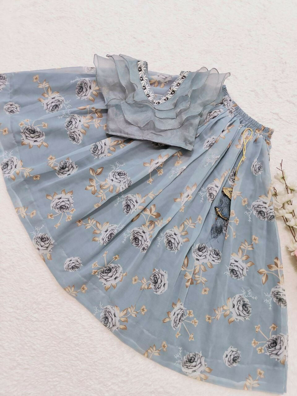 Jyoti Fashion Charming Grey Faux Georgette Digital Printed with Fancy Latkan Work Kids Lehenga Choli Set - Distacart