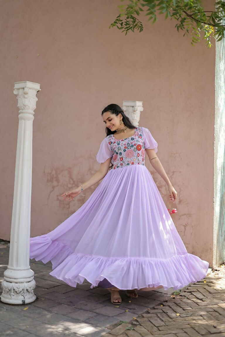 Jyoti Fashion Women's Purple Sequins Thread Embroidery Faux Georgette Anarkali Dress - Distacart