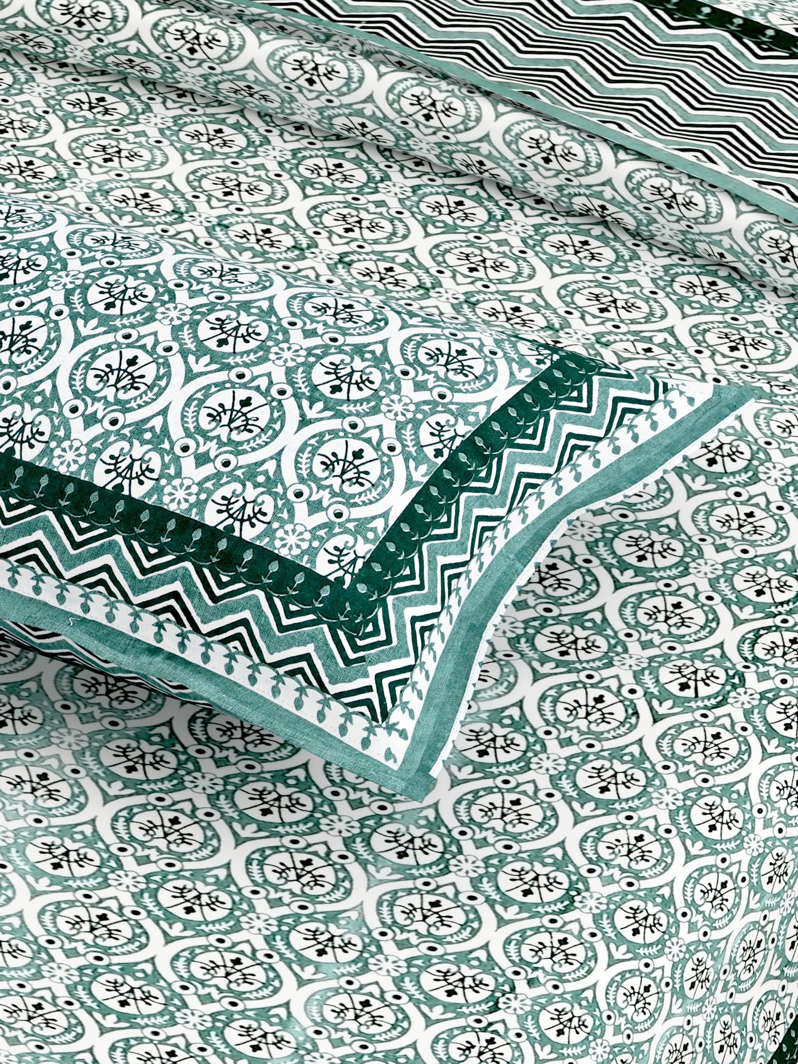 Green Floral Printed Cotton 200TC King Bedsheet With 2 Zipper Pillow Covers - King Size by House of Ree - Distacart
