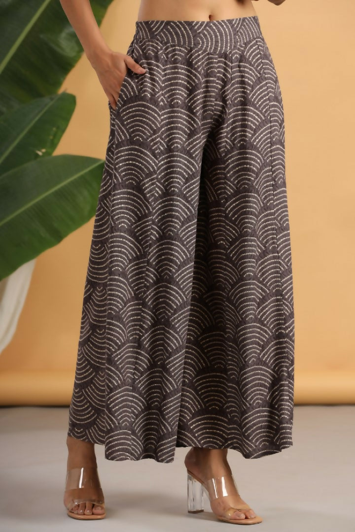 Juniper Grey Ethnic Motif Printed Rayon Flared & Kalidar Palazzo - Distacart