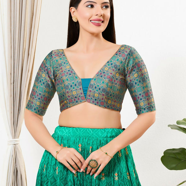 Joban Fashion Peacock Blue Brocade Padded Blouse With V Neck Elbow Sleeves - Distacart