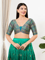 Thumbnail for Joban Fashion Peacock Blue Brocade Padded Blouse With V Neck Elbow Sleeves - Distacart