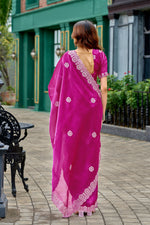 Thumbnail for Vastranavya Pink Embroidery Work Shimmer Chiffon Saree with Unstitched Blouse