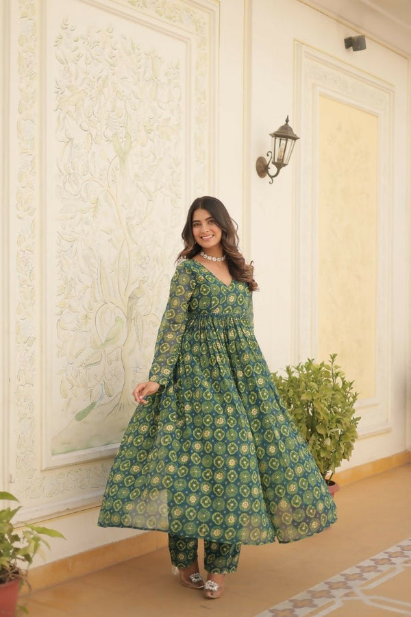 Aastha Fashion Green Faux Georgette Printed Gown With Pant - Distacart