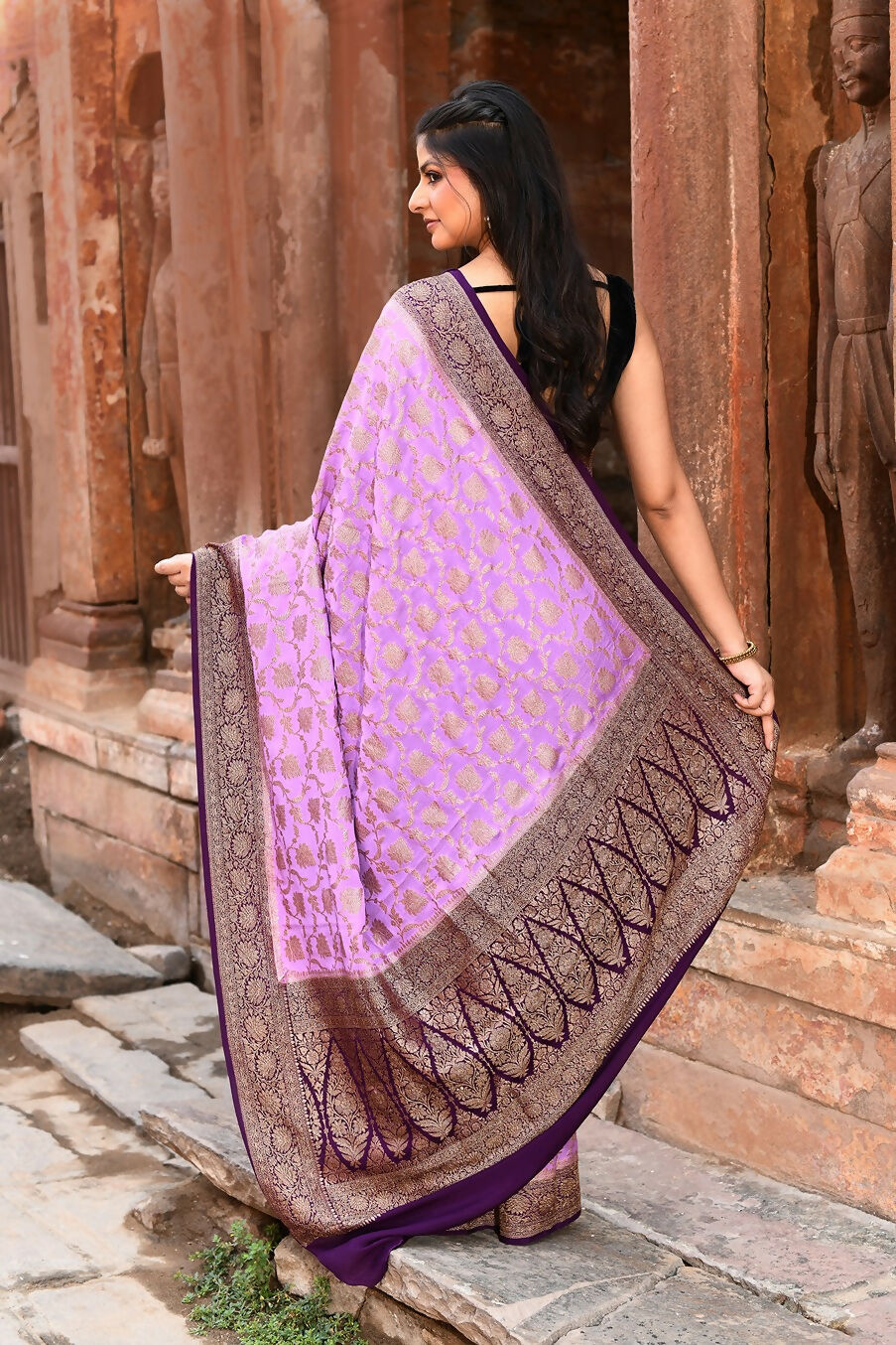 Joban Fashion Lavender Crepe Chiffon Pure Handloom Banarasi Silk Saree
