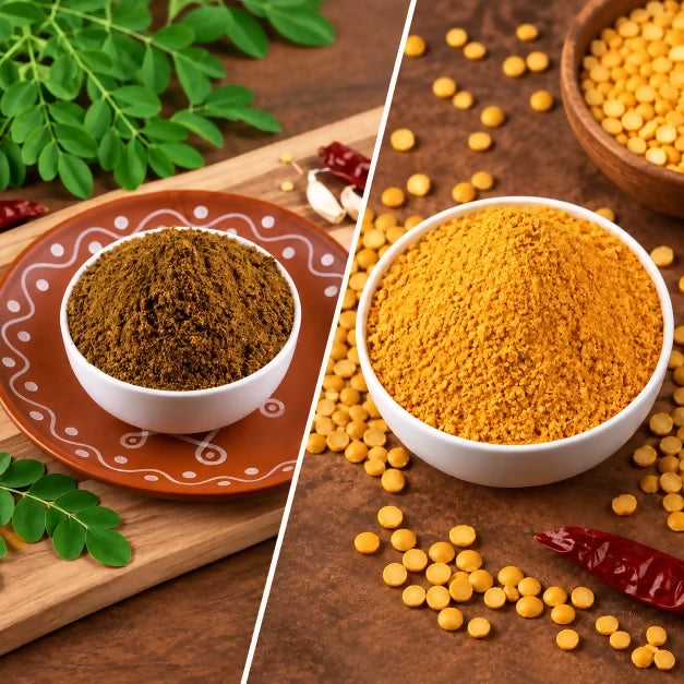 Tenali Ruchulu Podi Combo: Kandi Podi + Munagaku Karam Podi