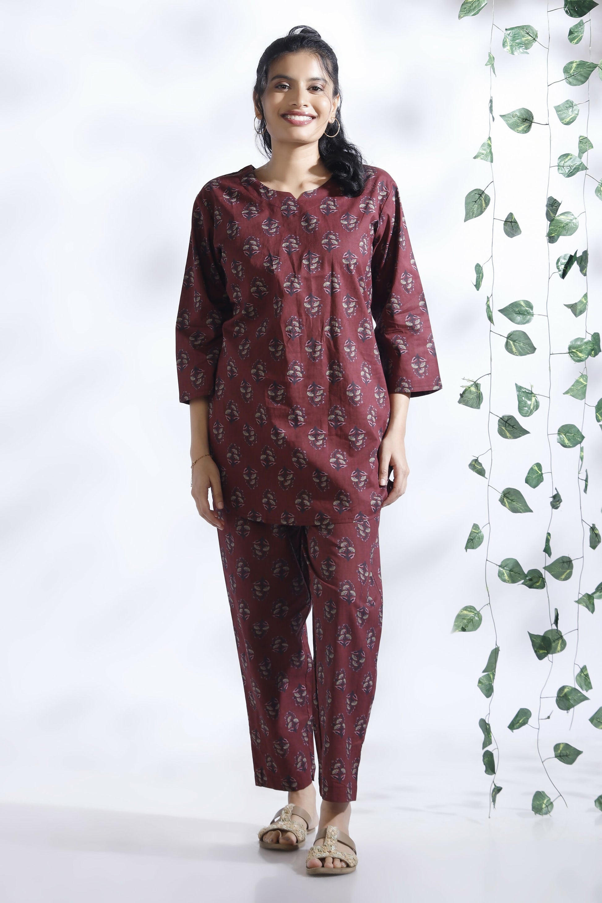 Breathables Butta Print Cotton Co-Ord Set – Wine - Dista