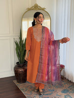 Thumbnail for The52 Orange Women's Gorgeous Embroidered Rayon Fabric with Straight Kurta, Pant and Dupatta Set - Distacart