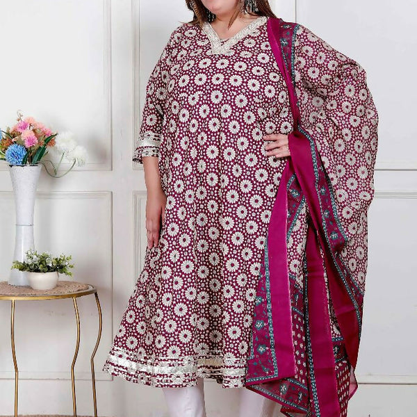 Miravan Plus Size Women'S Cream Embroidered Cotton Anarkali Kurta And Dupatta - Distacart