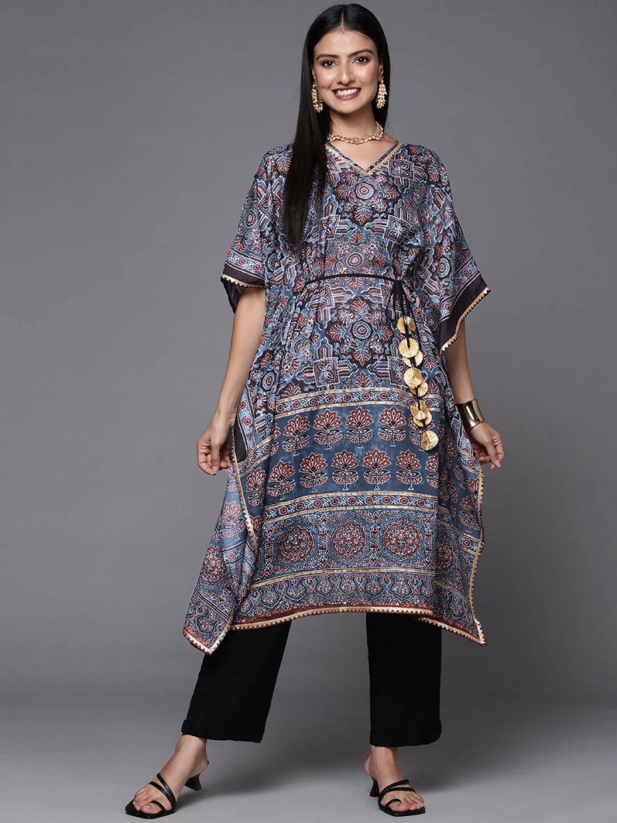 Ahalyaa Navy Blue & Maroon Floral Print Kaftan Kurta - Distacart