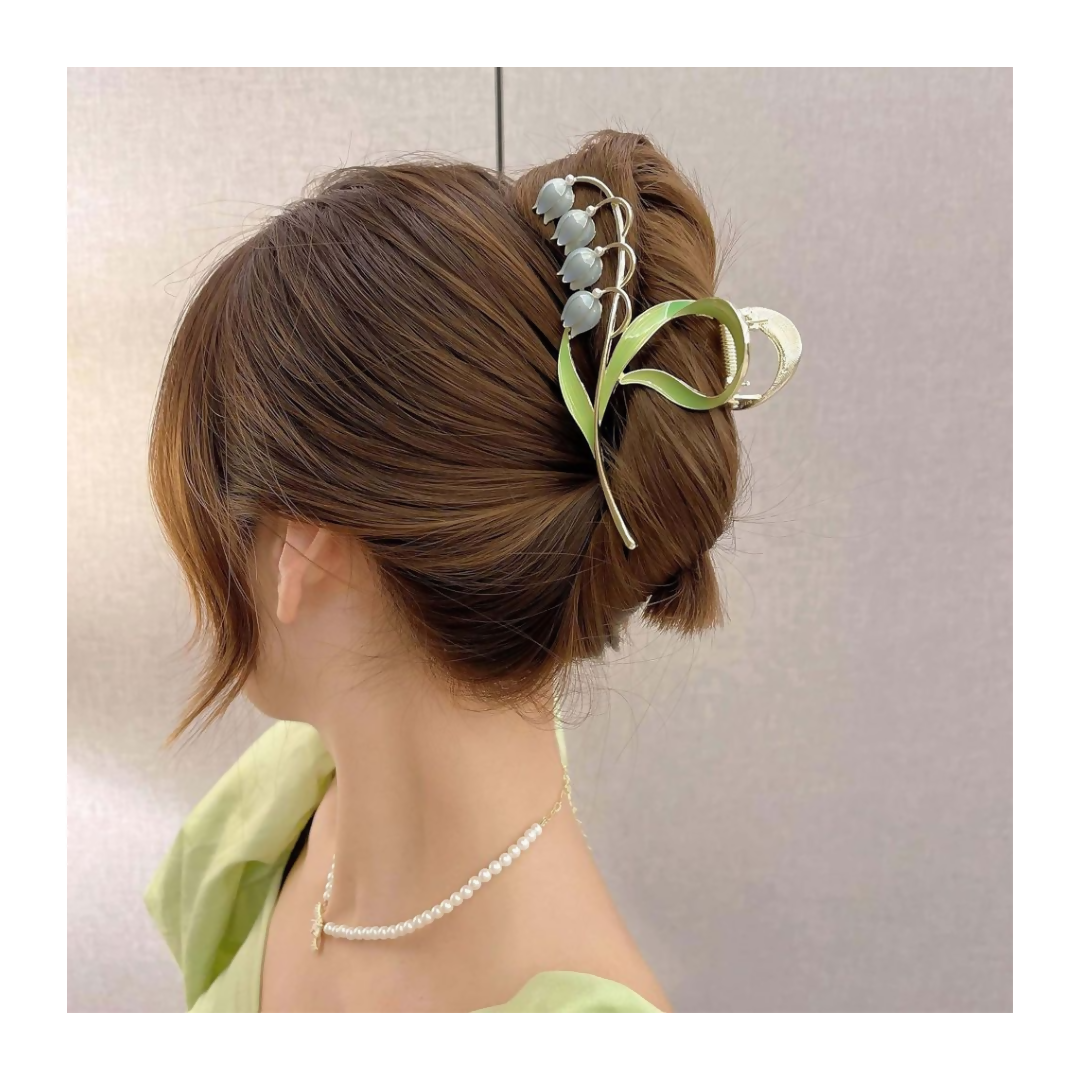 Joban Fashion Green Metal Queen Art Long Flower Hair Clutcher For Women