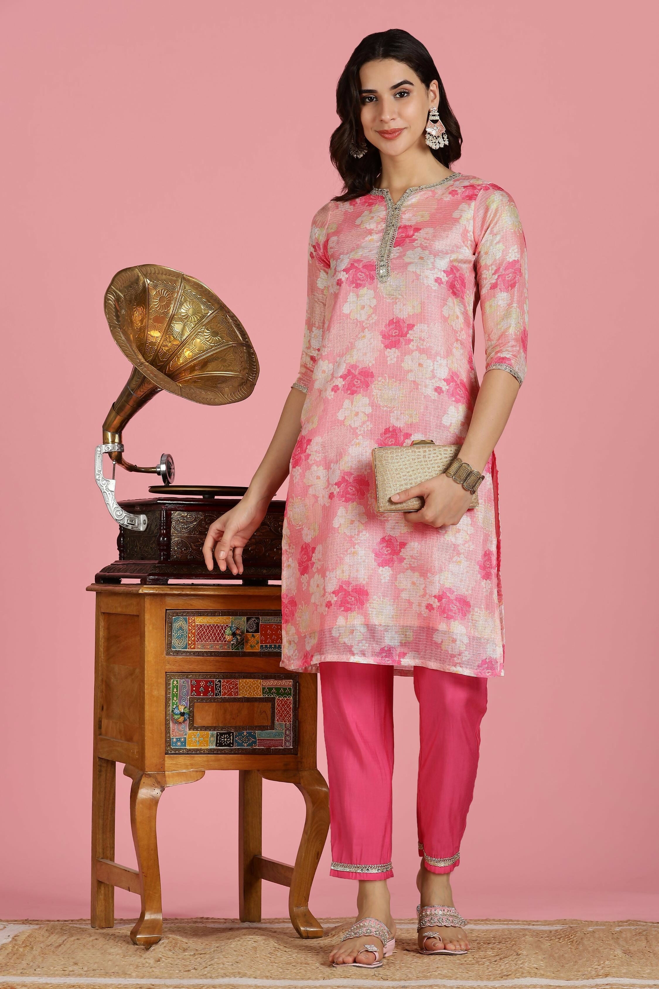 BulBul Women Pink Floral Printed Kota Doriya Kurta Set