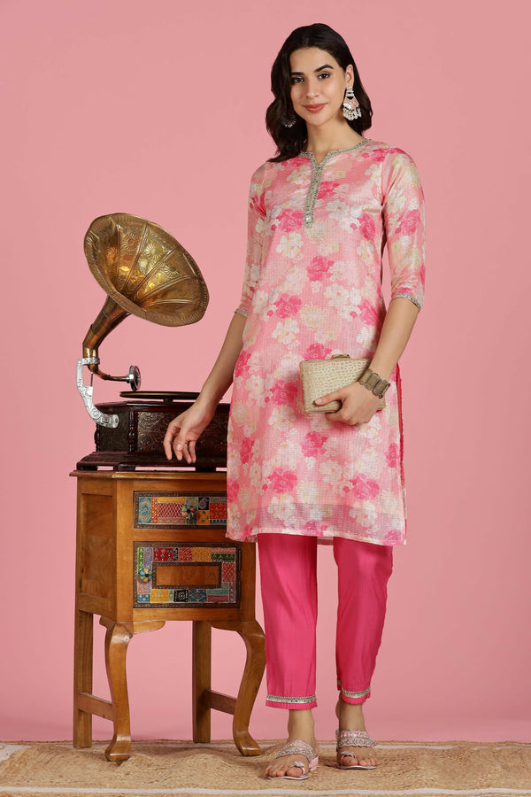BulBul Women Pink Floral Printed Kota Doriya Kurta Set