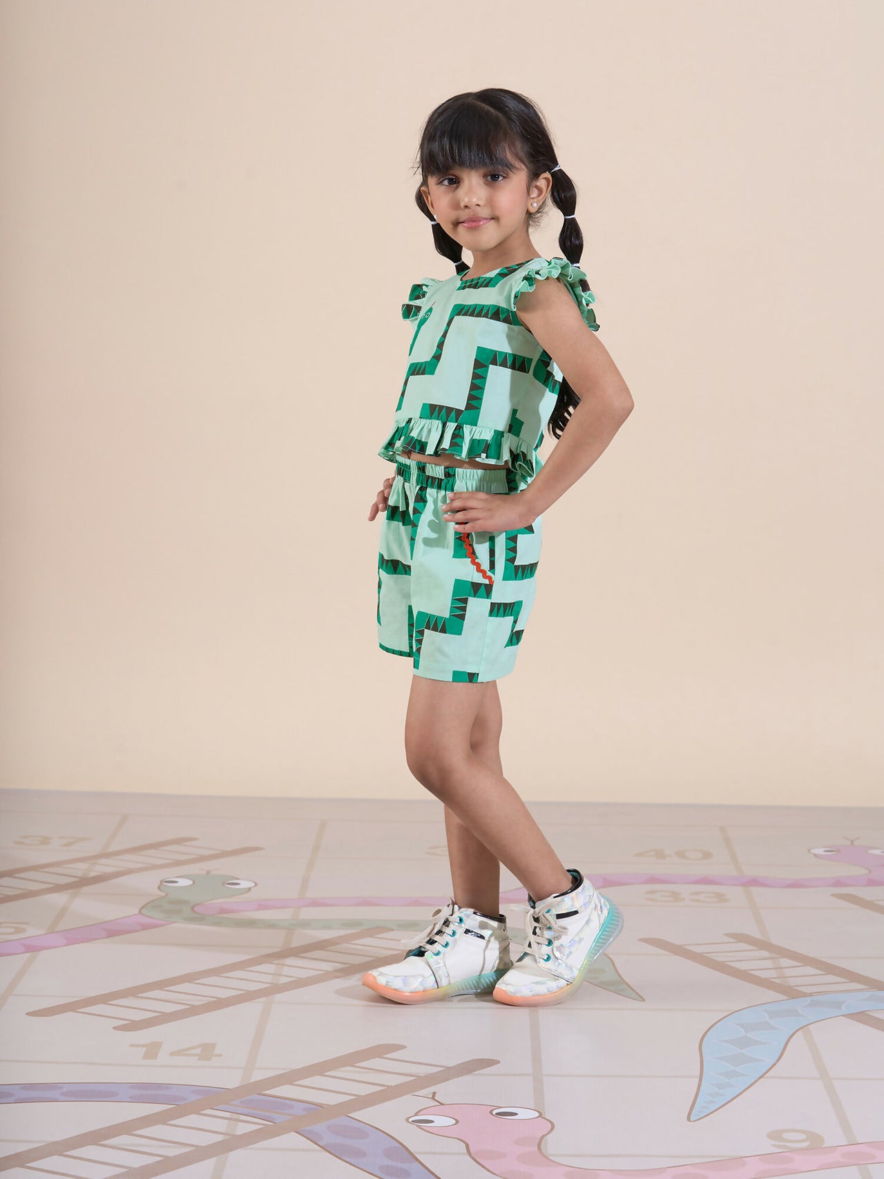 Snakes and Ladders Girls Green Table Print Top and Shorts Sets from Siblings Collection - Distacart