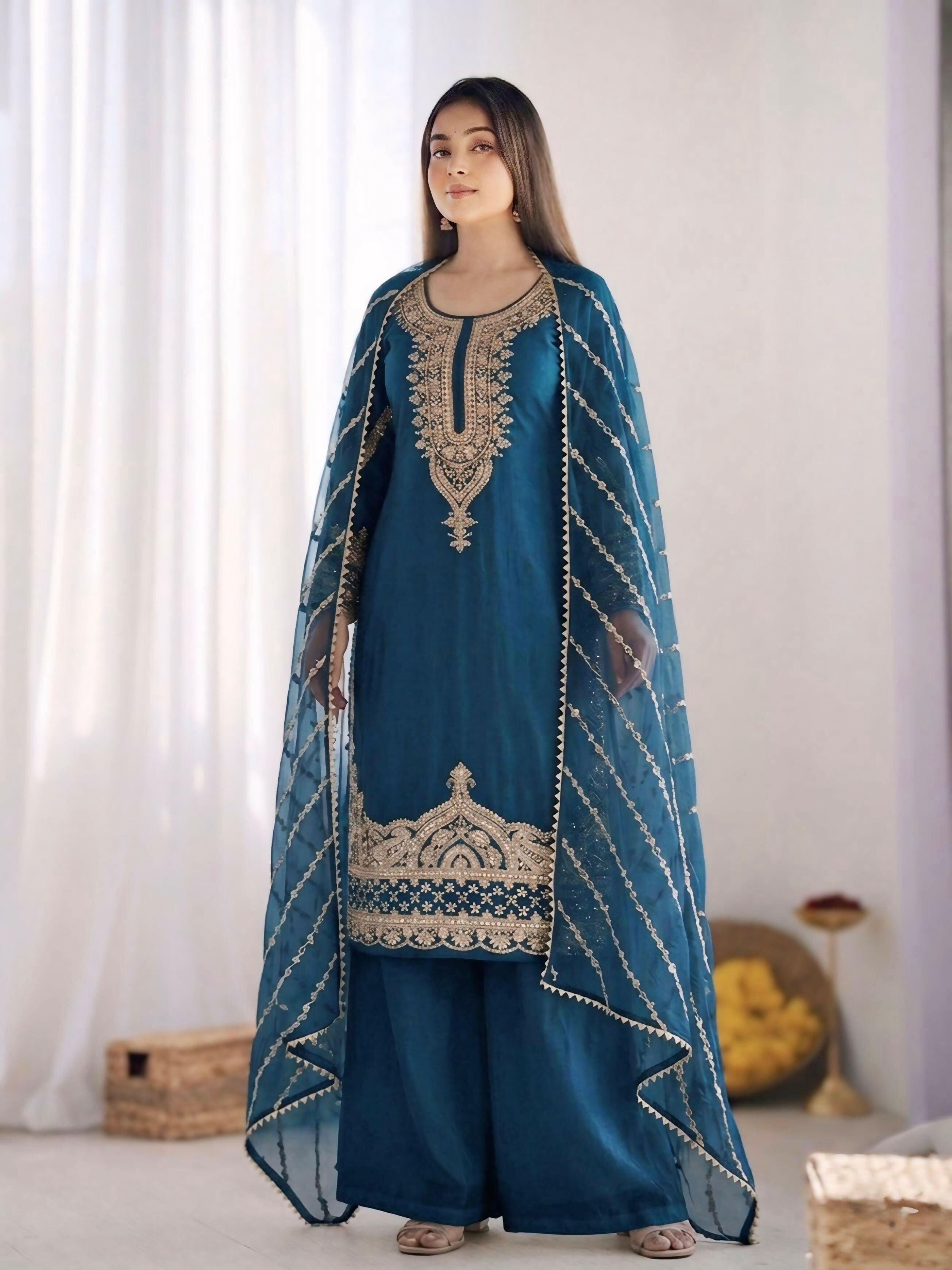 Teeya Creation New latest Trendy Embroidery Beads Work Kurta Sharara Set - Blue - Dista