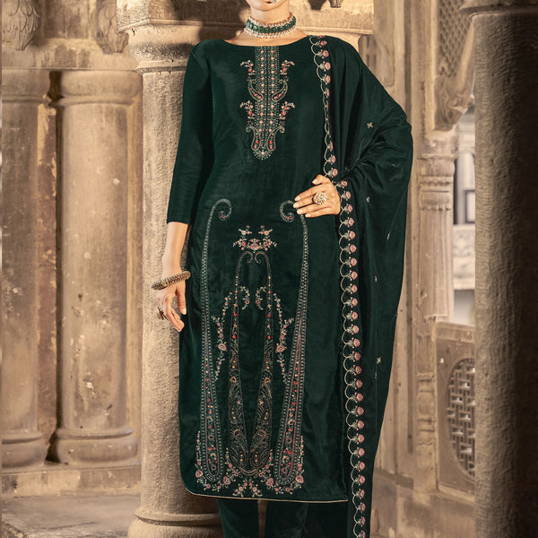 Jyoti Fashion Women's Green Velvet Floral Resham Thread with Jari work Kurta with Trouser & Dupatta - Distacart