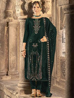 Thumbnail for Jyoti Fashion Women's Green Velvet Floral Resham Thread with Jari work Kurta with Trouser & Dupatta - Distacart