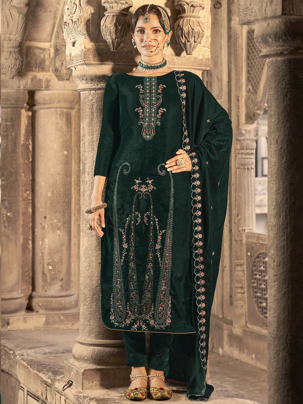 Jyoti Fashion Women's Green Velvet Floral Resham Thread with Jari work Kurta with Trouser & Dupatta - Distacart