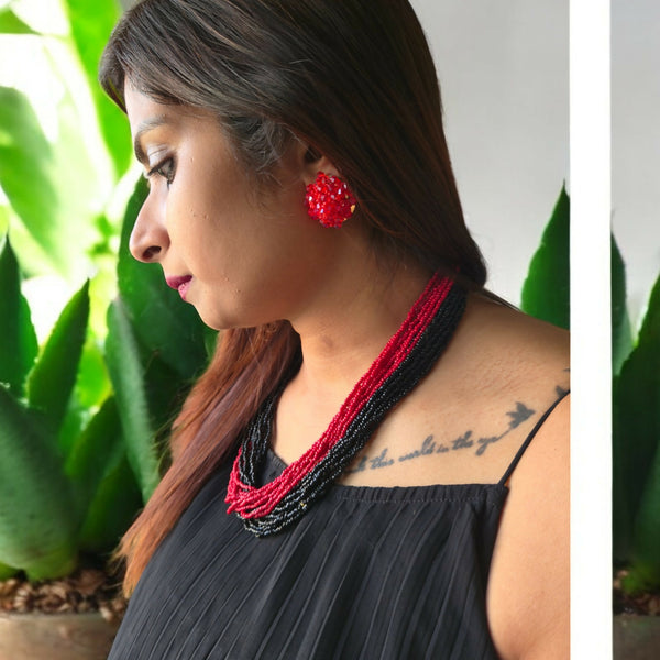 Inhanns Vibrant Handmade 20 Layers Beaded Necklace With Matching Earrings - Dual Ton Black & Red - Distacart