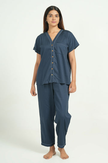 Breathables Women Cotton Night Suit Shirt And Pants Co-Ord Set I Night Wear | Co-Ord Set | Lounge Wear Set I Solid Colour - Dista