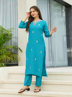 Thumbnail for The52 Blue Women's Gorgeous Viscose Fabric Embroidered Work Straight Kurta, Pant and Dupatta Set - Distacart