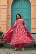 Thumbnail for Preksha Creation Georgette Print And Full Lining With Printed Pant And Nazneen Dupatta With Embroidery Work - Red - Distacart