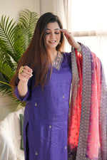 Thumbnail for The52 Purple Women's Gorgeous Embroidered Vichitra Fabric Straight Kurta Pant with Dupatta Set - Distacart
