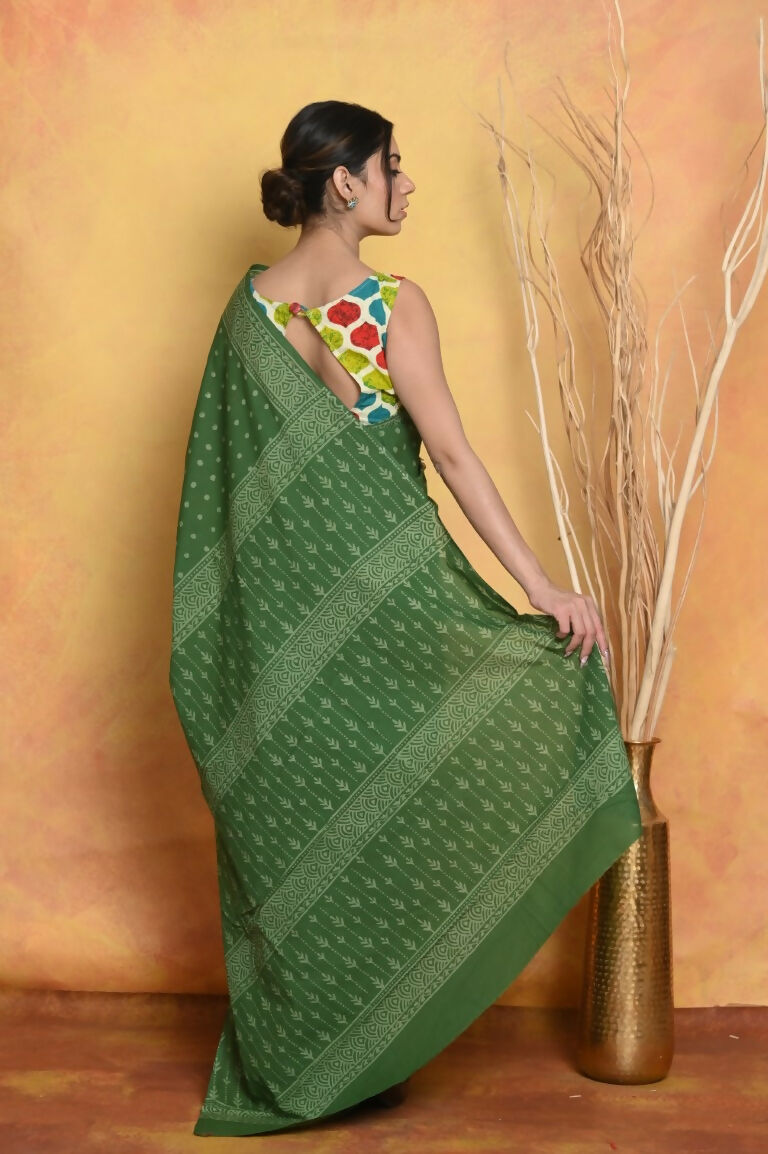 Very Much Indian Handblock Printed Cotton Saree With Natural Dyes - Green - Distacart