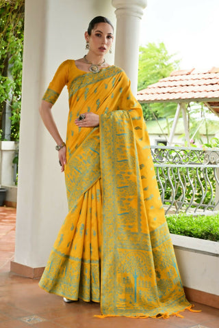 Vishnu Weaves Women's Yellow Handloom Raw Silk Thread Weaving Saree with Blouse