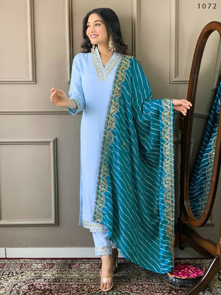Partywear Designer Viscose Silk Blend Sky Stitched Suit With Dupatta - Tanisha - Distacart