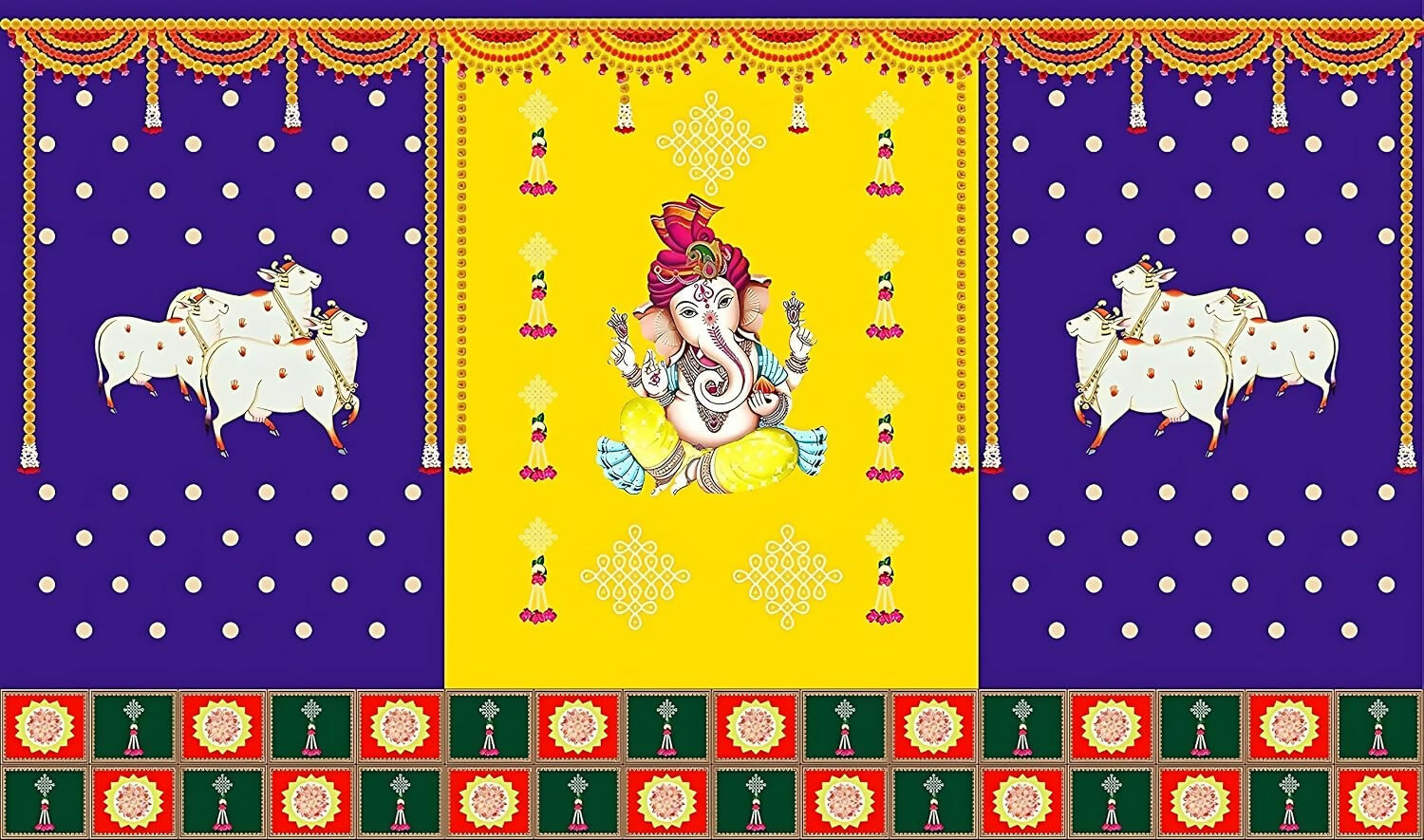 Sri Yagnaa M 30 – Ganesh & Gomatha Blue-Yellow Backdrop Cloth, 8 x 5 Ft - Dista