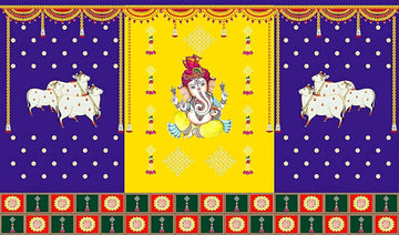Sri Yagnaa M 30 – Ganesh & Gomatha Blue-Yellow Backdrop Cloth, 8 x 5 Ft - Dista