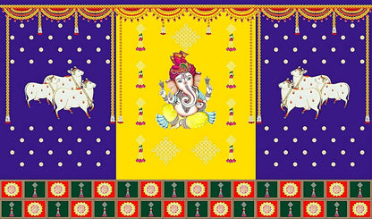 Sri Yagnaa M 30 – Ganesh & Gomatha Blue-Yellow Backdrop Cloth, 8 x 5 Ft - Dista