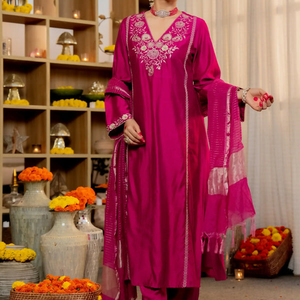 The52 Women's Beautiful Viscose Silk Fabric Embroidery Work A-Line Kurta Pant and Dupatta Set - Distacart