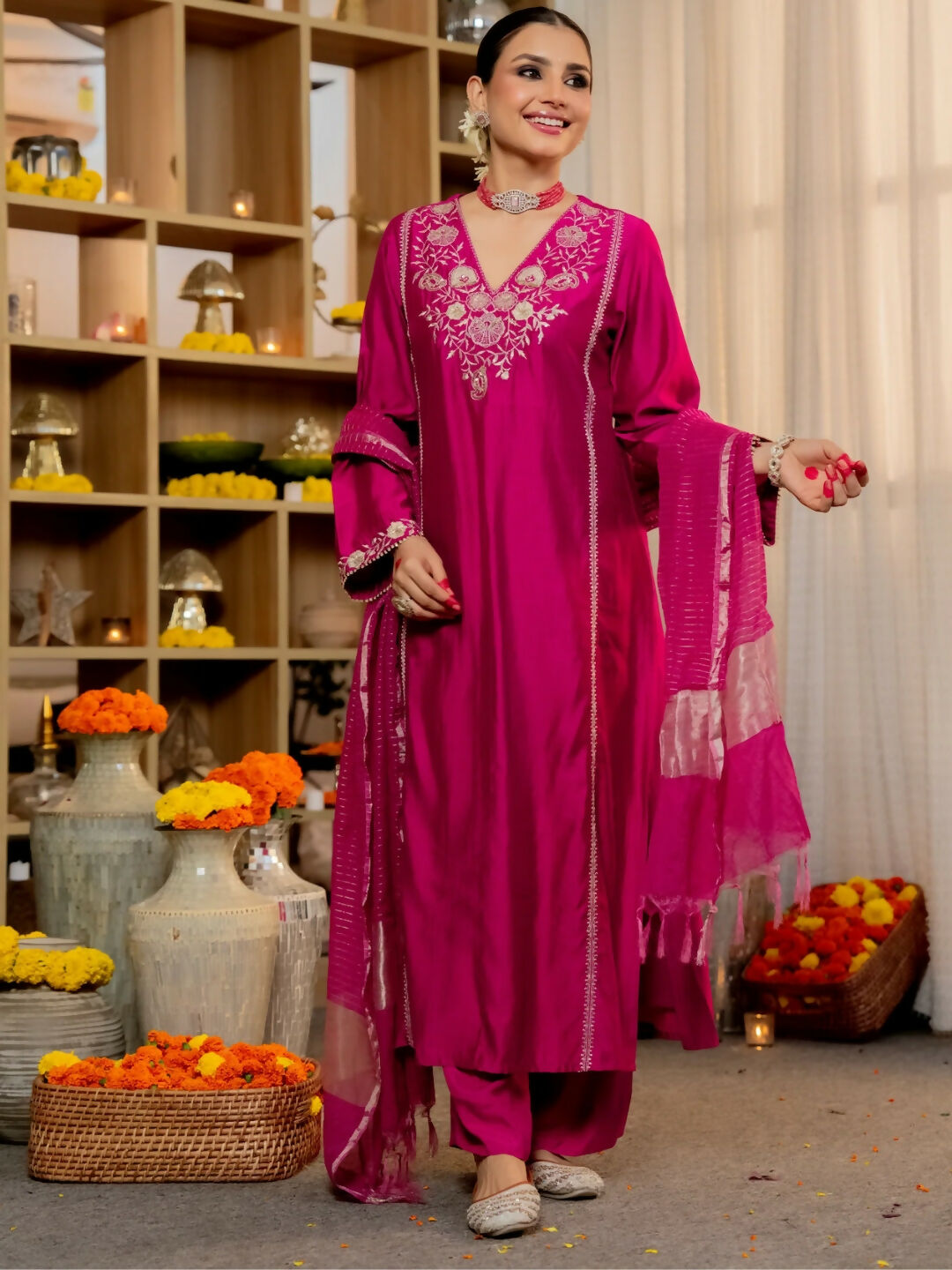 The52 Women's Beautiful Viscose Silk Fabric Embroidery Work A-Line Kurta Pant and Dupatta Set - Distacart