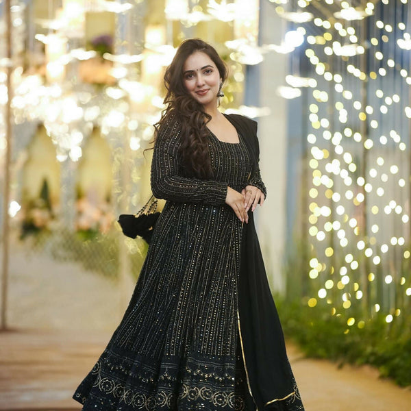 Aayaa Designer Embroidery Zari Sequins Work Faux Blooming Georgette Suit - Black - Distacart