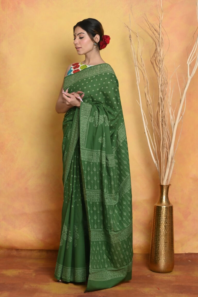 Very Much Indian Handblock Printed Cotton Saree With Natural Dyes - Green - Distacart